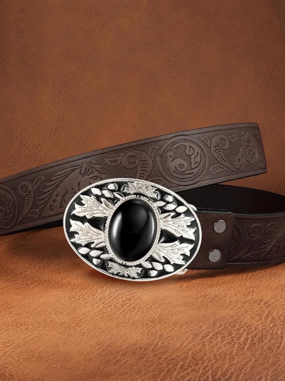 Men's Black 2 Vintage American Western Cowboy Turquoise Stone Belt Buckle - Picture 3 of 6